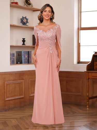 Cape Sleeve Mother of The Bride Dresses for Wedding Long Mermaid Ruched Chiffon Lace Formal Evening Gown DE4022