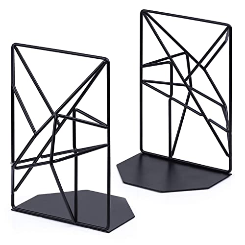 Sriwatana Bookends Black, Decorative Metal Book Ends Supports For Shelves, Unique Geometric Design(1 Pair/2 Pieces) #TOP7