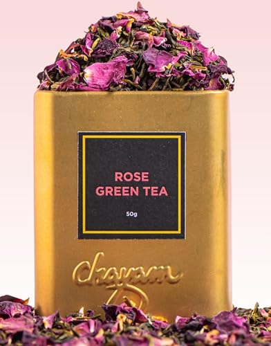 Image of CHAYAM Rose Green Tea | 50g Loose Rose Tea with 100% Natural Rose Petals & Flavour | Floral Detox & Antioxidant Wellness Tea | Refreshing & Aromatic | Low Caffeine | Premium Gift Tin