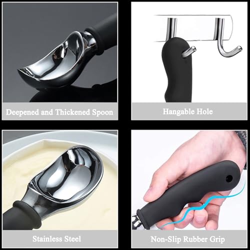 KXF Stainless Steel Ice Cream Scoop with Non-Slip Rubber Grip Heavy Duty Ice Cream Spoon Sturdy Icecream Scooper Cookie Fruit Scoop for Cookie Dough, Mash Potatoes, Melon Balls, Dishwasher Safe(Black) - Image 4