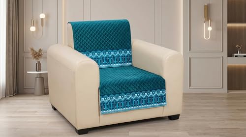 Image of Peacock Blue Velvet Sofa Mat, 1 Seater | Full Cover for Seat & Back, Anti-Skid, Machine Washable
