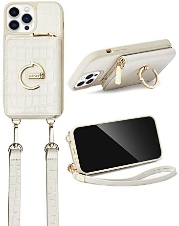 CUSTYPE for iphone 13 Pro Max Case Wallet with Card Holder for Women,Crossbody Case with Strap Wrist Lanyard,Protective Leather Handbag Case Purse with Ring for Apple iPhone 13 Pro Max, 6.7inch, WHITE