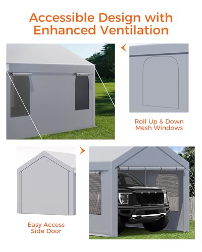 Carport, 10 x 20 FT Portable Garage Heavy Duty, Carport Canopy with Sidewalls Roll-Up Door & Windows, Car Port Canopy Tent Reinforced with Extended Skirt for Truck, Boat, Car Shed (Light Gray) - Thumbnail 3
