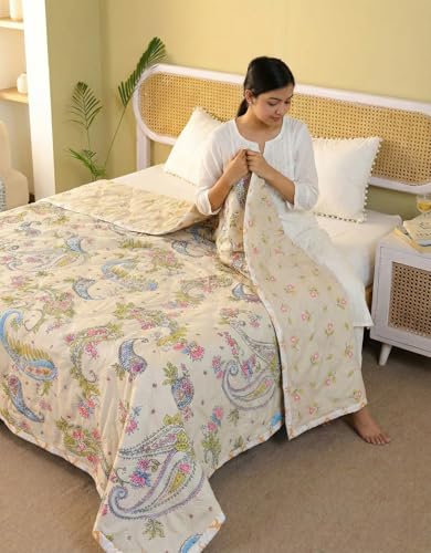 Image of Summer Blanket 100% Cotton Reversible Ac Comforter and Cooling | Classic Printed Design | Quilt | Dohar Single /Double Bed Quilt Ideal for Gifting (Cream, Single)