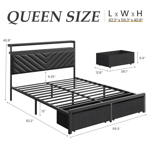 Image of Fluest Queen Bed Frame with 2 Drawers, Upholstered Headboard with Storage and Charging Station, LED Lights, Fabric Drawers with Wheels, Under Bed Storage, No Box Spring Needed, Easy Assembly, Black