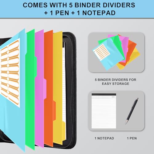Image of Eshow Portfolio Organizer - 3 Ring Binder with Zipper, Vegan Leather Business Padfolio Folder with Notepad Includes 5 Color Sheet Protectors for Documents Files for Men Women
