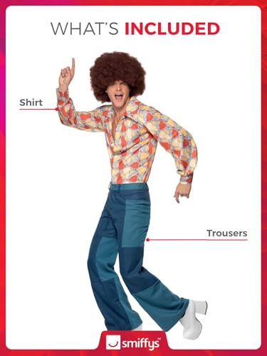 Smiffys 70er Retro Kostüm, Hemd und Patchwork-Denim-Hose Halloween