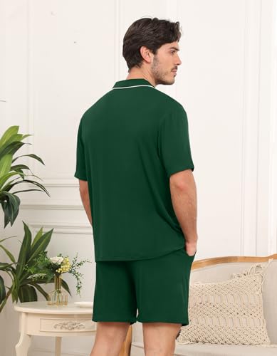 Mens Pajama Set Short Sleeve 2PCS Sleepwear Button Down Loungewear Set Soft Modal Pj Set with Pockets, Green-S3