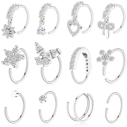BSJ4U Hoop Nose Rings for Women Nose Piercings 20G Stainless Steel Nose Rings Hoops Heart Butterfly Flower Bow Teardrop Double Nose Hoops Silver Clear CZ Nose Piercing Jewelry
