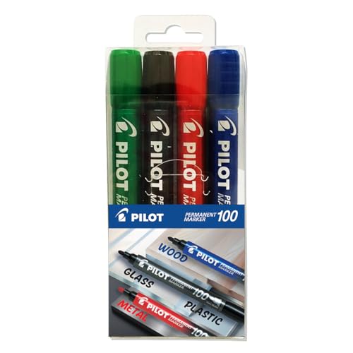 Image of PILOT Permanent Marker Bullet 100 Fine - 4 Pcs, 1 Blue + 1 Black + 1 Red + 1 Green