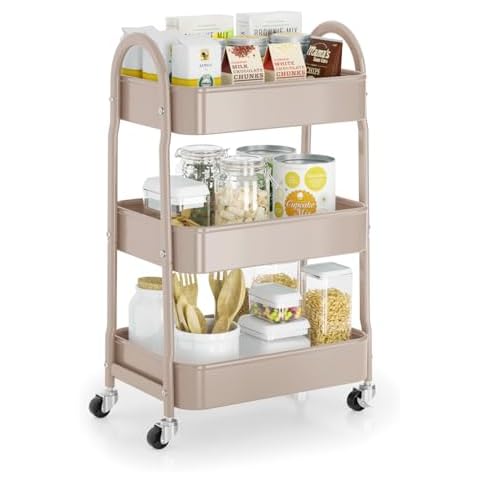 EAGMAK 3 Tier Rolling Cart Under Desk, Metal Storage Cart with Handle and Lockable Wheels, Multifunctional Storage Organizer Trolley with Mesh Baskets for Kitchen, Living Room, Office, Garage (Beige) Cover