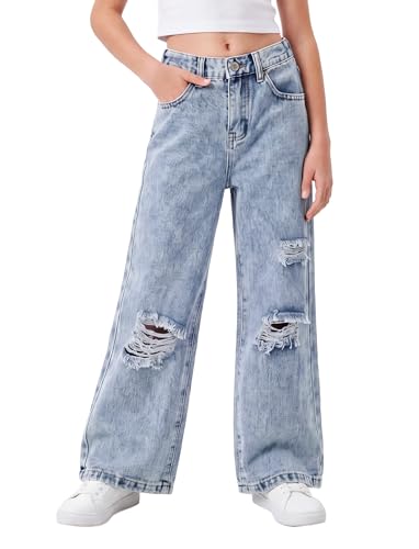 PATPAT Girls Ripped Jeans 5-14Y Elastic Mid-Waist Baggy Wide Leg Denim Pants Y2K Streetwear Trendy Clothes for Teens Light Blue