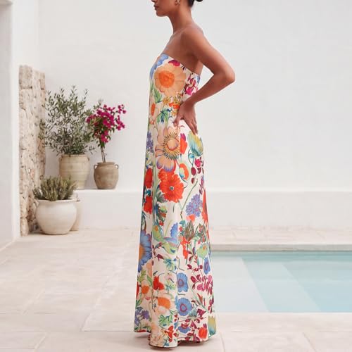 Image of Zwirelz Women Strapless Maxi Dress Boho Floral Print Flowy Long Tube Dress Off Shoulder Loose Beach Sundress