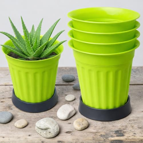 Image of TechHark GreenPlastic Plant Pots with Saucer, Ribbed Style, for Indoor and Outdoor Use, Set of 5