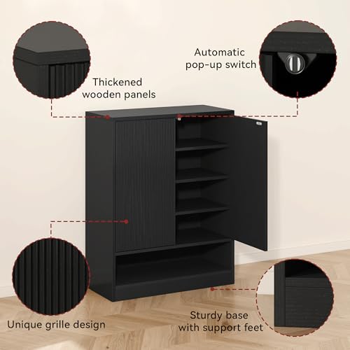 Image of Fluted Shoe Cabinet with Doors, 2 Pieces 41 inch Tall Entryway Shoe Organizer Cabinet with Adjustable Shelves, 5-Tier Modern Wood Free Standing Shoe Rack for Hallway, Living Room, Closet, Black
