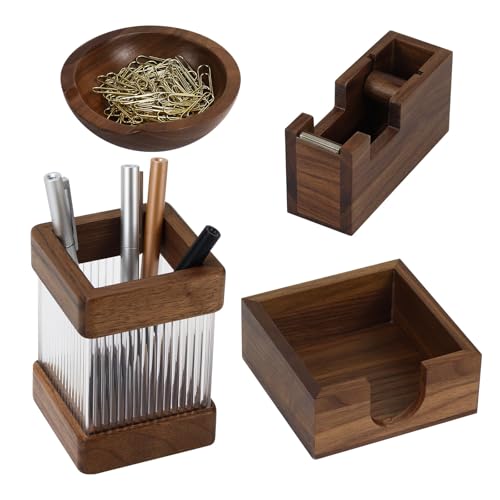 MultiBey 4pcs Walnut Office Supplies Desk Organizers, Wood Sticky Notes Holder Tape Dispenser Cutter Wooden Pencil Cup and Paper Clip Holder for Office Home School