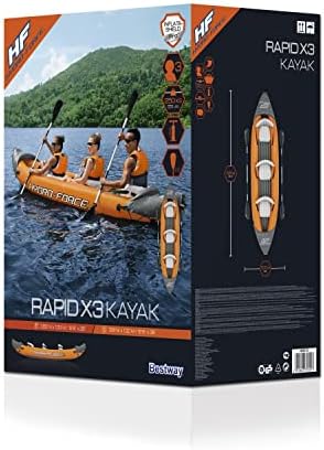 Hydroforce Lite Rapid Kayak, 3 Person Inflatable Kayak Set, Sit On Kayak with Seats, Backrest, 2 Paddles and Hand Pump, Orange, One Size, 65132
