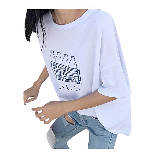 New Shirt Womens Fashion Summer Korean Loose 3/4 Sleeve Pattern Print Short-Sleeved T-Shirt Tops (L, White)