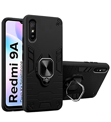 Image of Pikkme Thermoplastic Polyurethane, Plastic D5 Tough Armor Bumper Back Cover with Ring Holder and Kickstand in-Built for Redmi 9A, Redmi 9i (Black)