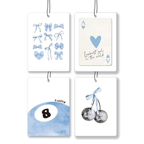 Image of Blue Coquette Bow Preppy Lavender Car Air Freshener, Trendy Funky Cherry Lucky 8 Ball Hanging Air Freshener 4 Pcs for Cars Closet Drawer Books, Cute Girly Car Accessories Mirror Decor for Women