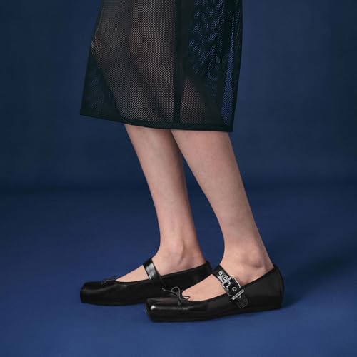 Women's Square Toe Mary Jane Flats Cute Bow Ankle Strap Ballet Flats Comfortable Slip On Flat Shoes for Daily Work Wear2