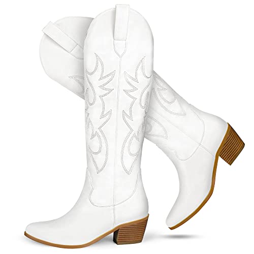 STALOV Cowboy Boots for Women,Western Pointed Toe Chunky Heel Pull-On Knee High Cowgirl Boots Fashion Embroidered Tall