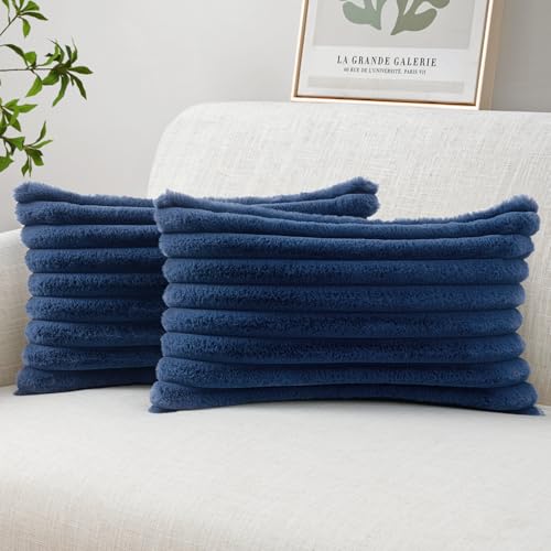 Image of MIULEE Faux Fur Lumbar Throw Pillow Covers 12x20 Set of 2 Navy Blue | Coastal Modern Art Home Decor Soft Plush Couch Pillows Cozy Fluffy Cushion Covers for Sofa Bed Living Room