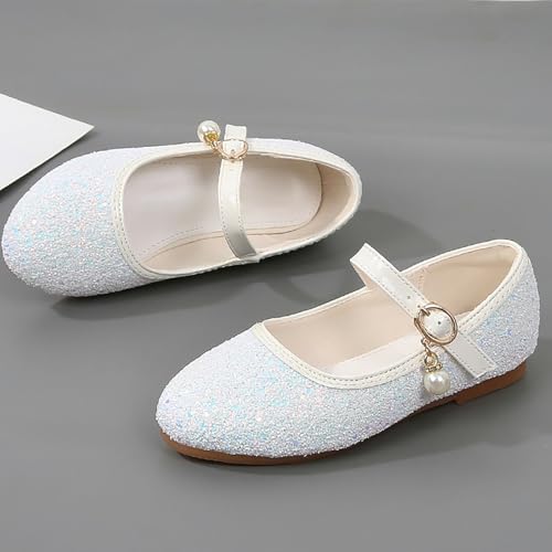 Flower Girls Dress Shoes Toddler Kids Wedding Heel Mary Jane Shoes Glitter Flat Shoes Girls Sandals Youth (White, 2.5 Big Kids)2