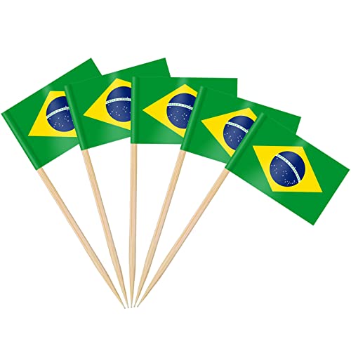 AhfuLife 100/200pcs Brazil Toothpick Flags Cake Toppers, Brazilian Cocktail Stick Flag for Sandwich Food Cupcake Toppers Tableware World Cup Party Supplies Pub Royal Event Decor (100 Pcs)
