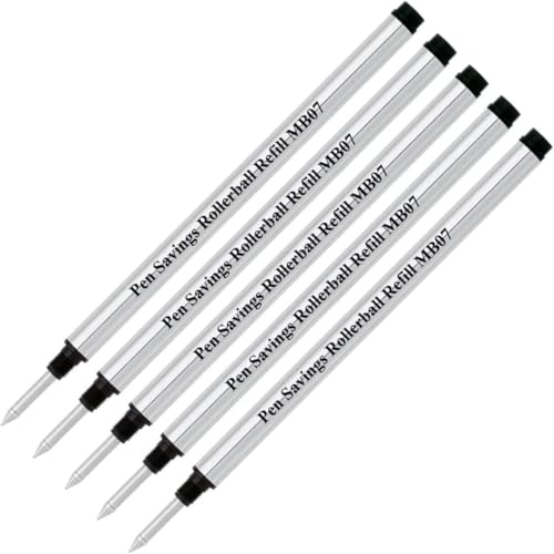 Pen Savings Rollerball Pen Refills for Montblanc Capped Pens, Medium Point 0.7mm, Frictionless Flow Smooth Writing, Threaded Tip, 5 Pack (Black)