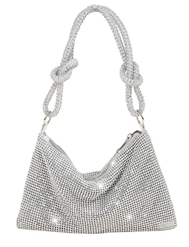 Pochette en strass pour femme Argent brillant Strass Sac à main en cristal brillant pour soirée de mariage en club Sac à main brillant Sac à main de soirée Sac à bandoulière (Argent,Taille unique)