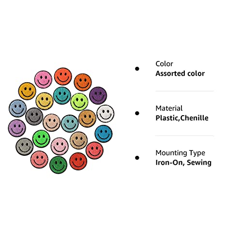 24 Pcs Smile Face Patch Cute Iron On Patches 2 Inch Chenille Preppy Happy Face Patches Glitter Heat Sequins Applique For Backpacks Hats Clothes Jackets Decorative Diy Craft(Towel Cloth Style) #TOP7