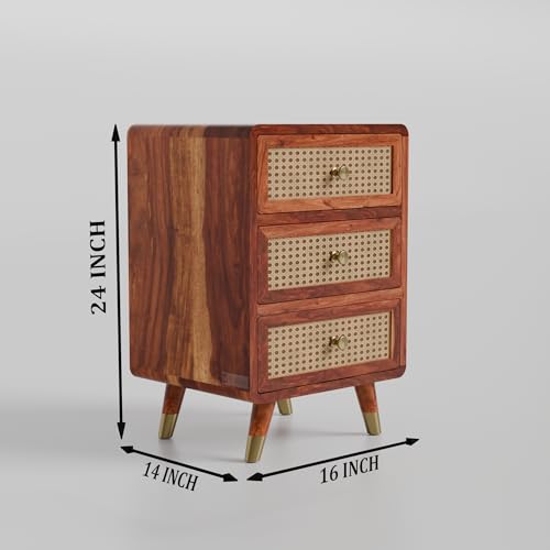 Image of DRIFTINGWOOD Amber Nightstand Bedside Table with 3 Drawers - Solid Sheesham Wood & Rattan Cane Front - Mid Century Modern Wooden End Table for Bedroom - Honey Finish