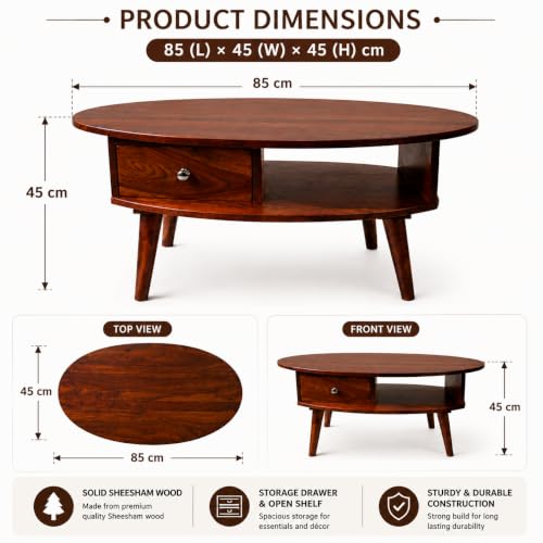Image of Oval Solid Sheesham Wooden Coffee Table for Home | Living Room Center Table with Storage Shelf & Drawer | Modern Sofa Coffee Table