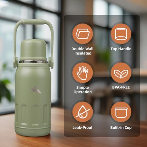 Image of Konokyo 27oz Thermos for Cold Drinks, Insulated Water Bottle, Army Green