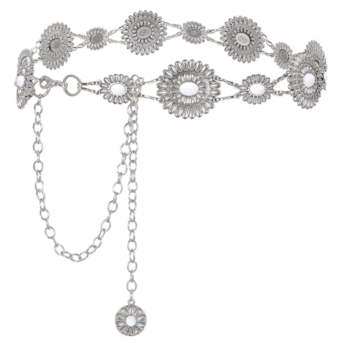 Image of WHIPPY Women Concho Chain Belt Metal Link Western Cowgirl Turquoise Chain Belt for Dress