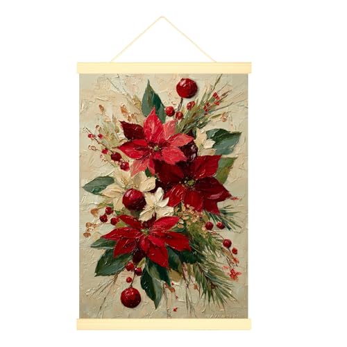 Poinsettia Canvas Hanging Poster Wall Art, Christmas Traditional Berries Leaves