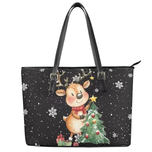 Image of Coldinair Christmas Leather Tote Bag for Women with Zipper Large Shoulder Tote Bag Shopping Casual Travel Bag Handbag Purse