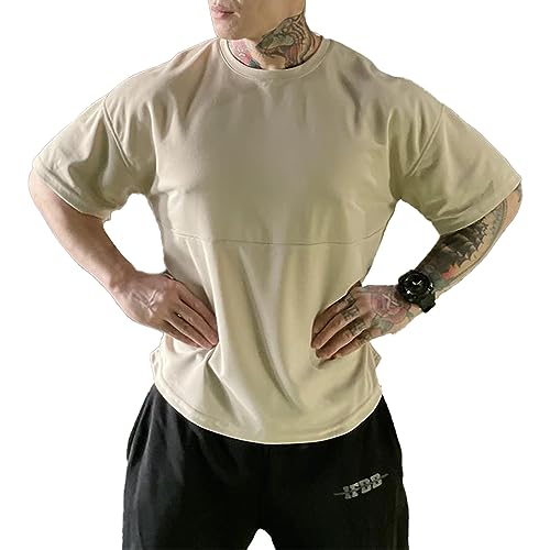 maytopia Maglietta da Allenamento da Palestra da Uomo, vestibilità Larga, Traspirante, Maglietta Sportiva a Maniche Corte per Corsa, Fitness, Cachi, L