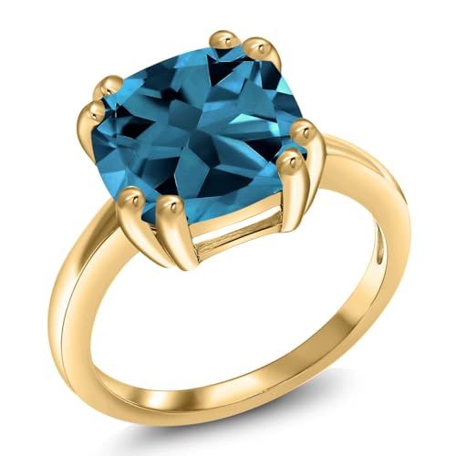 Gem Stone King 3-5 Cttw Gemstone Birthstone Double Prong Solitaire Ring for Women | 18K Yellow Gold Plated Silver | 10MM Cushion Cut | Fine Wedding Anniversary Engagement Promise Ring
