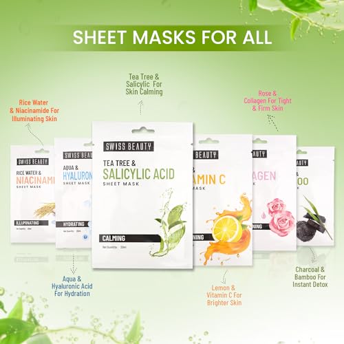 Image of Swiss Beauty Tea tree & Salicylic Acid calming Sheet Mask| Serum-infused sheet mask | Calms and purifies acne prone skin | 20ml