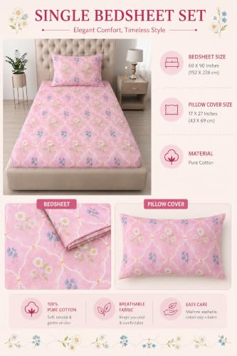 Image of Amazon Brand - Umi Premium Cotton Single Bedsheet 60X90 Inches | Beautiful Elegant Design | 160 TC Breathable Fabric | with Pillow Cover