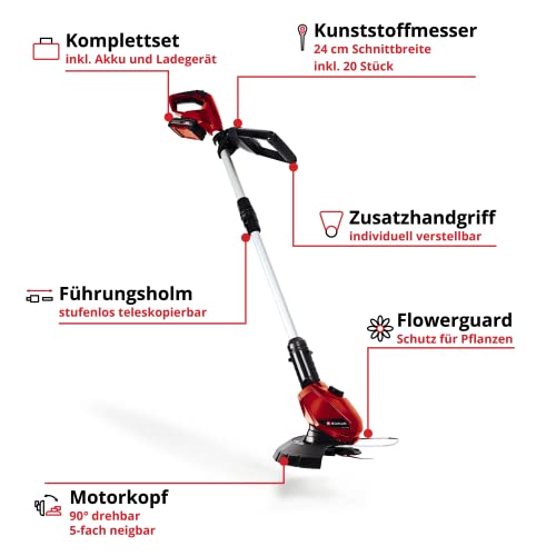 Einhell Akku-Rasentrimmer GE-CT 18 Li Kit Power X-Change (Li-Ion, 18V, Motorkopf drehbar, Flowerguard, inkl 20 Kunststoffmesser, inkl. 2,0Ah Akku und Ladegerät), Rot/Schwarz – Bild 3