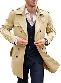 PASLTER Mens Trench Coat Notched Lapel Double Breasted Long Jacket Windbreaker Overcoat Pea Coat