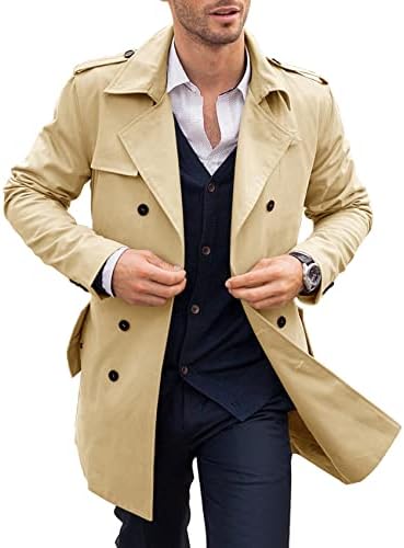 PASLTER Mens Trench Coat Notched Lapel Double Breasted Long Jacket Windbreaker Overcoat Pea Coat
