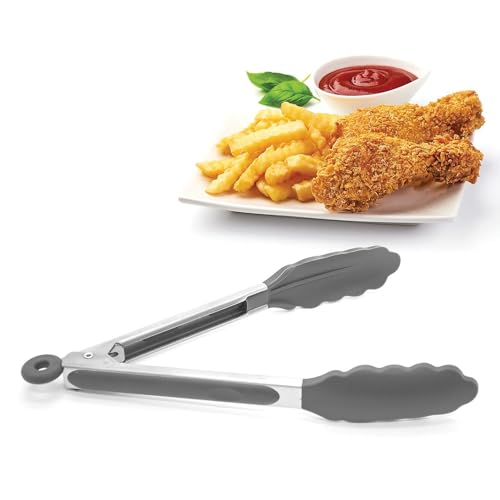 Image of Premium Steel and Siliconel Heat Resistant Kitchen Tongs for Cooking | Non Scratch Silicone Tip for Pans,Air Fryer,Barbeque, Serving | 10 inch - 230C Heat-Resistant (Pack of 01) (Grey)