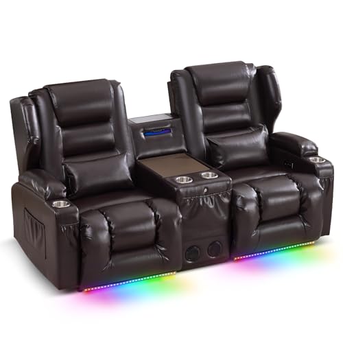 SAMERY Loveseat Recliner Sofa, Power Reclining Loveseat Sofa, Wall Hugger Recliners RV Couch with Console, Lift-Top Table, Rhythm & Ambient LED Lights, USB-C, Outlets, Faux Leather, Brown