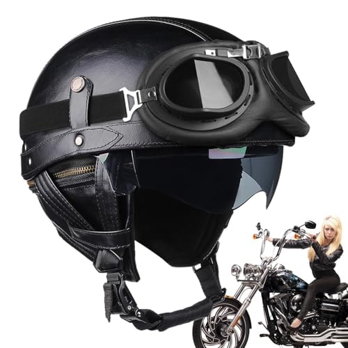 Casco de moto abierto con hebilla de seguridad rápida y revestimiento de cuero vintage 7