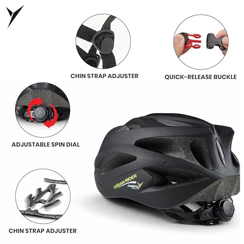 Image of Jaspo Urban Rider Plus Cycling Helmet with Adjustable Spin Dial (Upto 5cm) | Quick-Release Buckle for Effortless Wearing | Padded Chin Strap | Ideal for Men, Women & Kids (Black, Small (53-58cm))