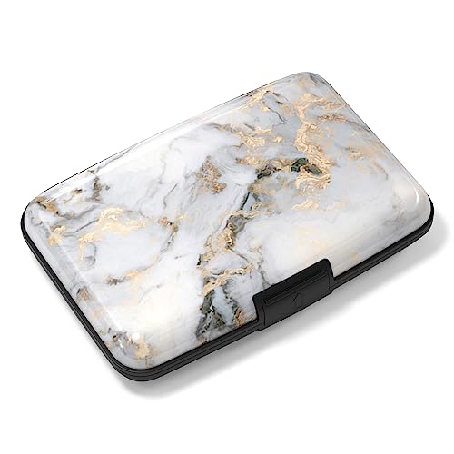 Image of Rimilak Aluminuml Credit Card Holder, Mini Credit Card Wallet RFID Blocking Slim Metal Hard Case for Women Men, White Mable